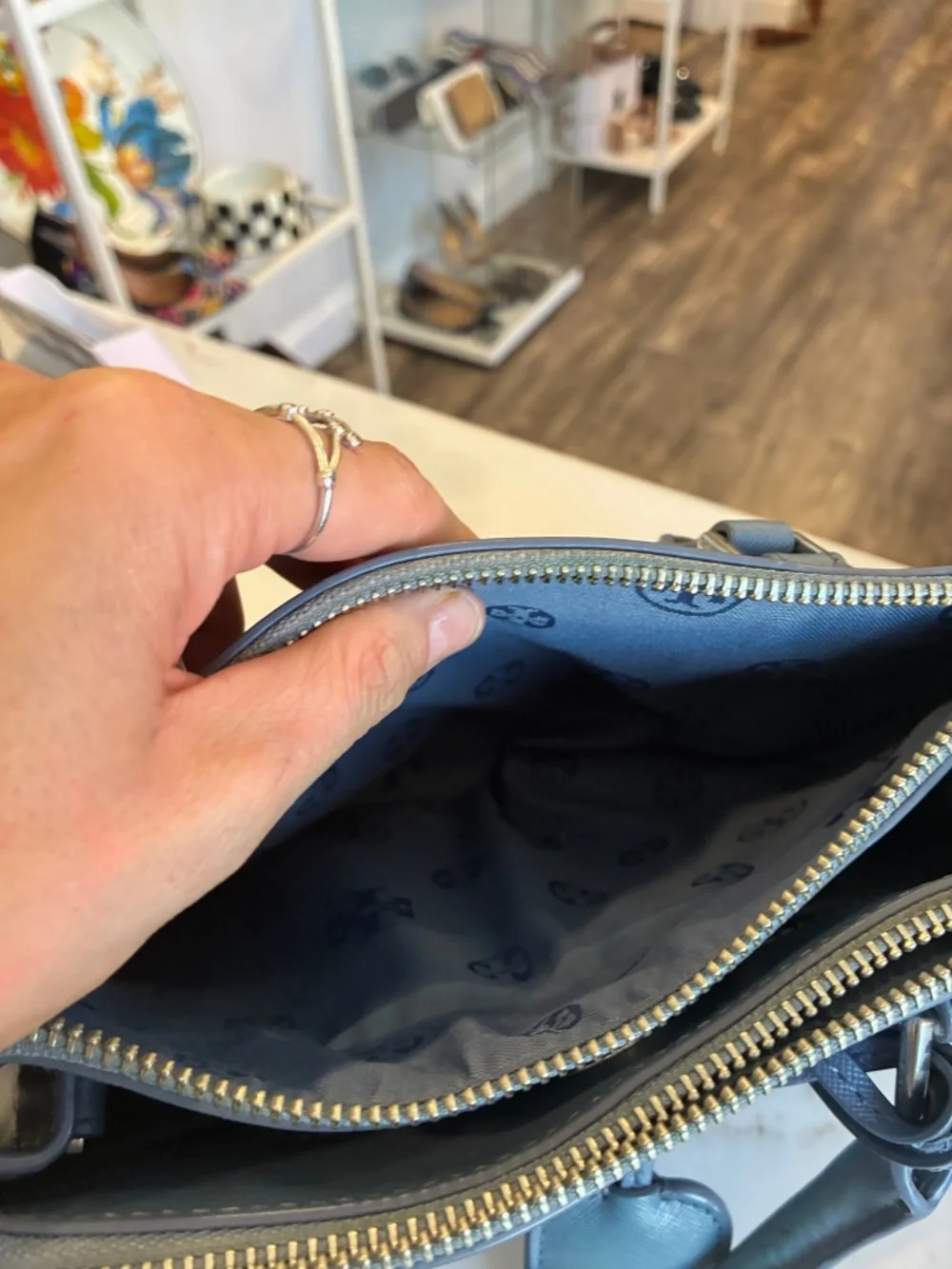 Tory Burch Blue Leather Double-Zip Satchel with Detachable Strap and silver